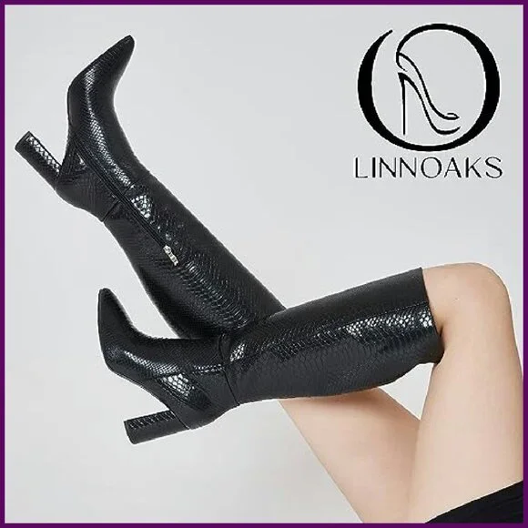 Knee High Boots Chunky Heel Slip On PU Leather Size 10 Fashion